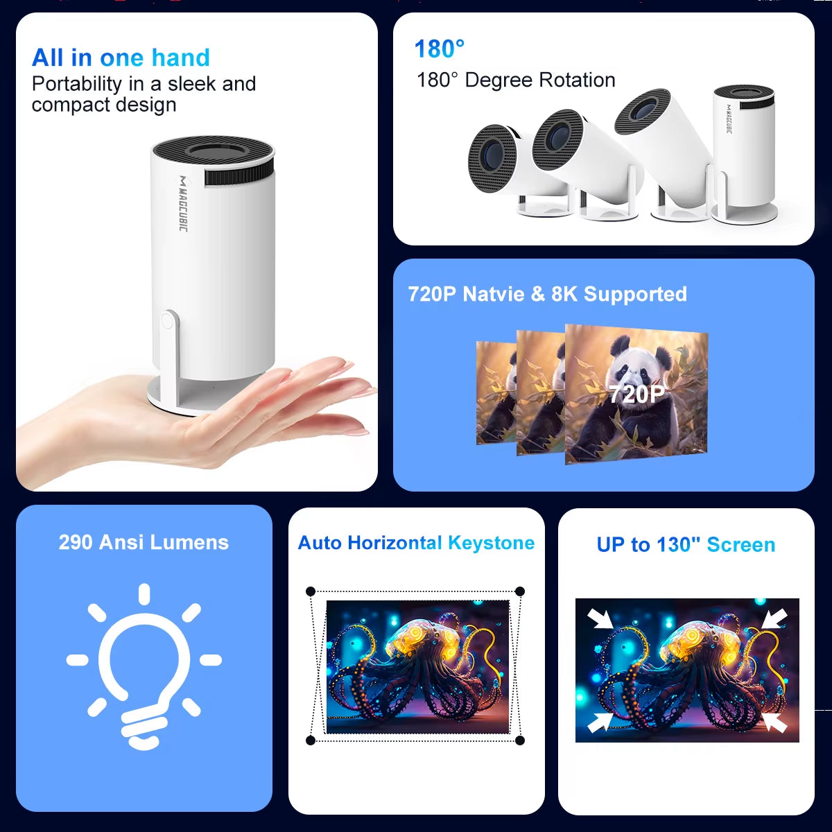 Android 14 Wifi6 260ANSI Projector Allwinnerh726 1280*720P 8K180° Flexible BT5.4 Home Cinema Outdoor Portable Projetor